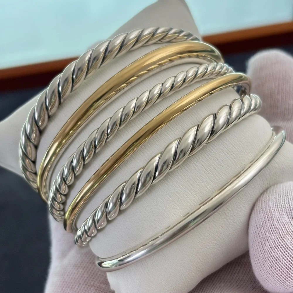 David Yurman 925 & 18k Gold Six Row Pure Form Bracelet-Small